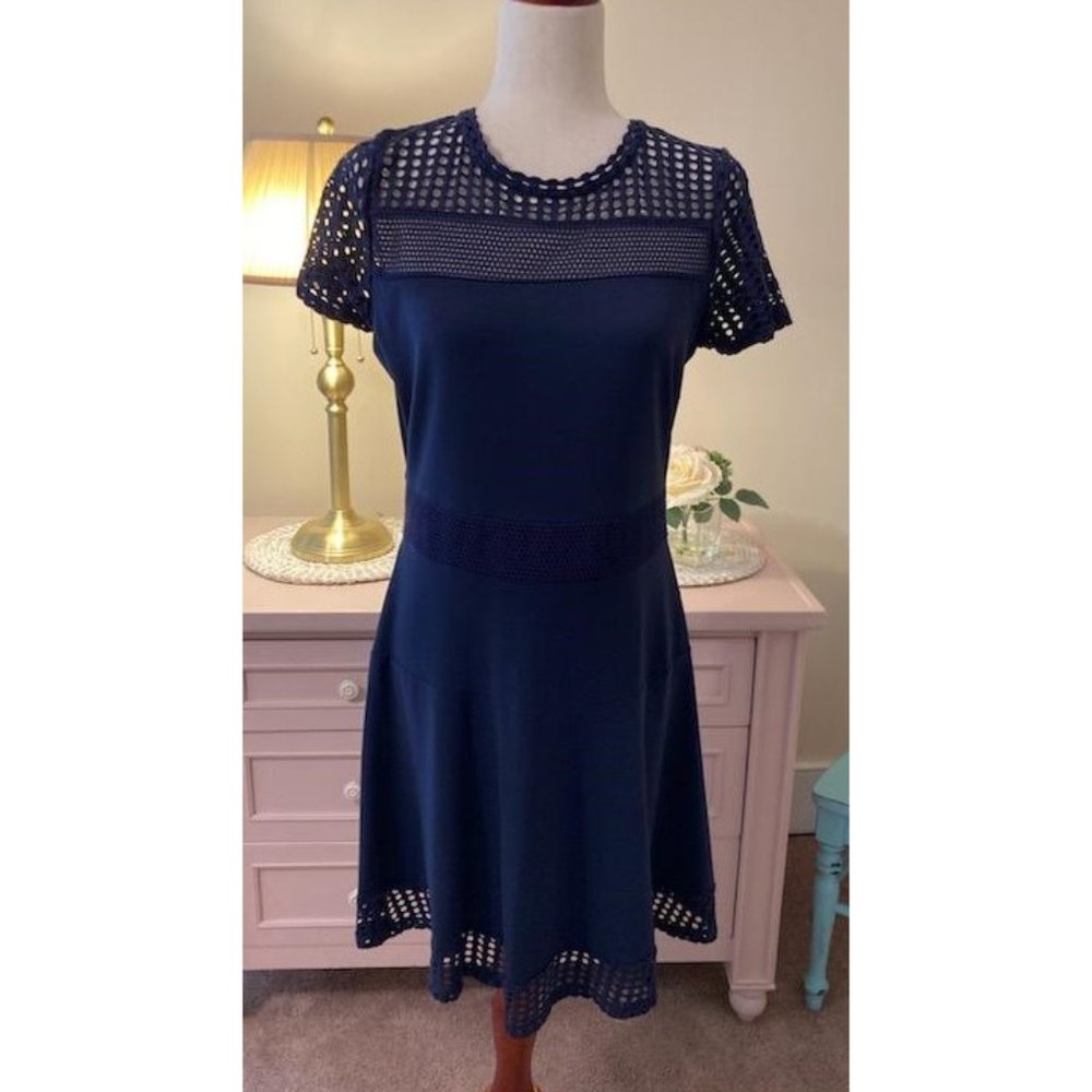 Stretch-Crepe A-Line Mesh-Panel Dress